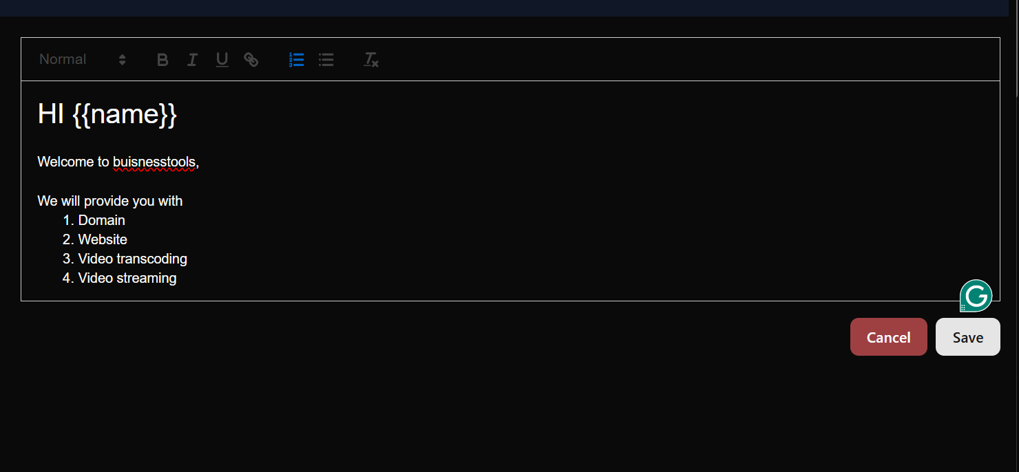 Screenshot showing the rich text editor with 'Heading 1' selected and a numbered list being created