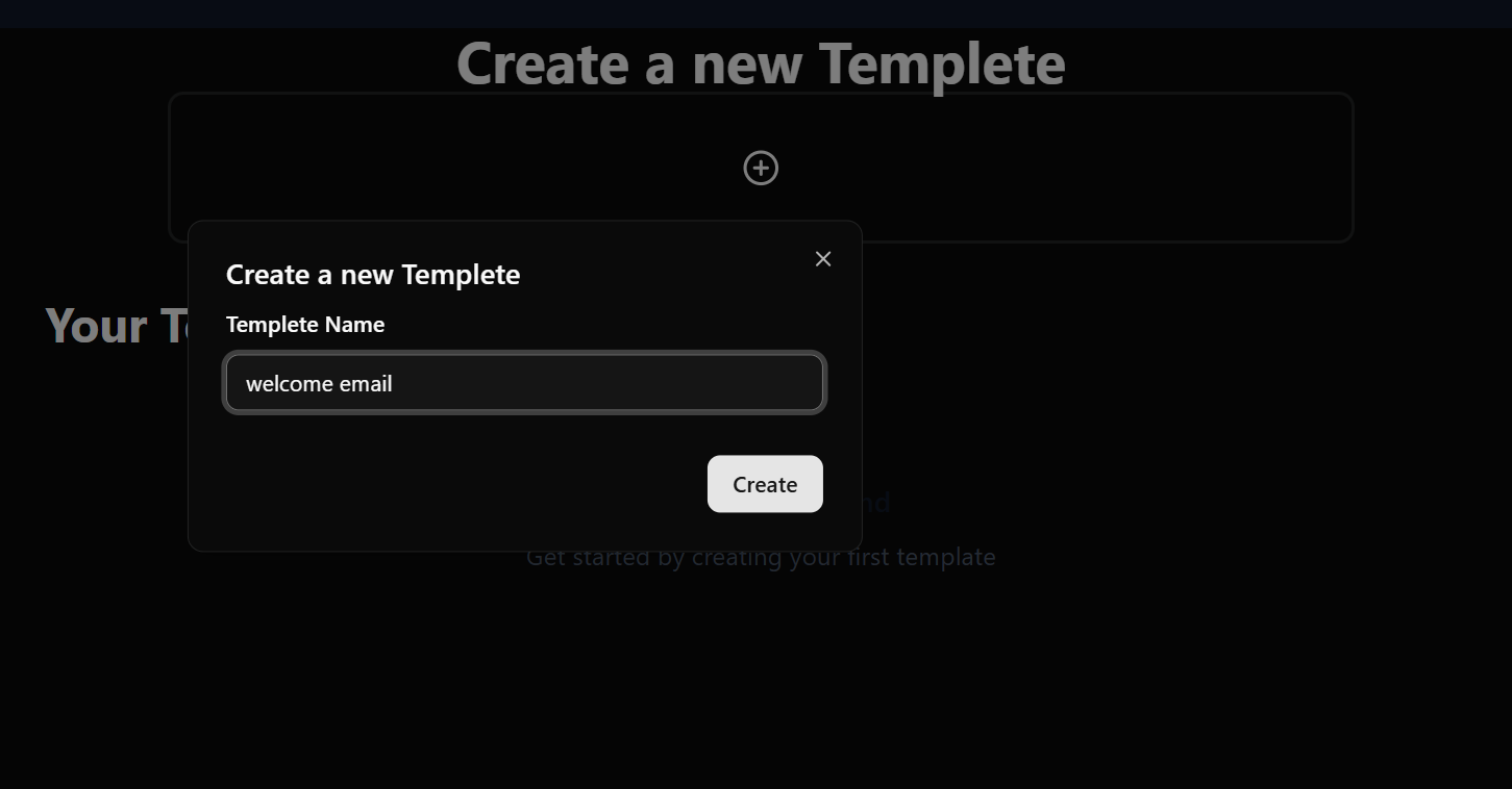 Screenshot of the 'Create a new Template' modal with the name 'sahil' being typed into the input field